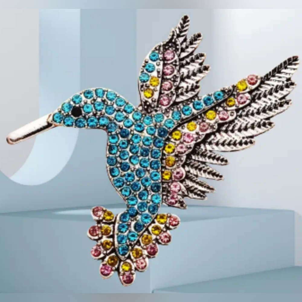 NEW Y3K Boho Western Colorful Rhinestone Hummingbird Bird Gift Brooch-(#0235)